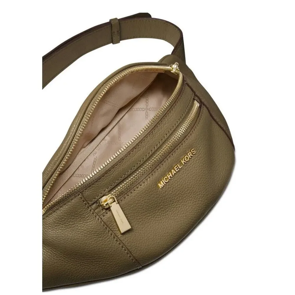 Michael Kors Mott Medium Belt Bag in an olive green pebbled leather finish